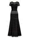 Online Scoop Neck Sheath/Column Black Lace Ruffles Floor-length Short Sleeve Prom Dresses #JCD020102807