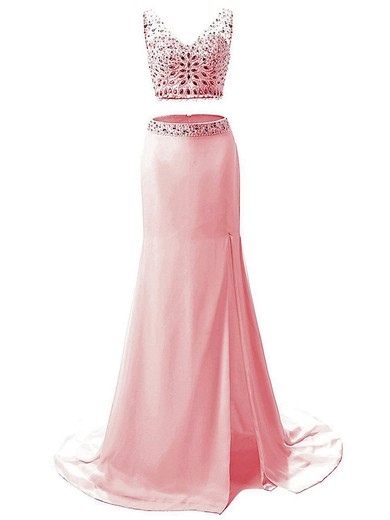 Two Piece V-neck Sheath/Column Chiffon Tulle with Beading Sweep Train Amazing Prom Dresses #JCD020102808