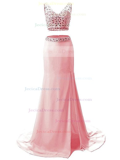 Two Piece V-neck Sheath/Column Chiffon Tulle with Beading Sweep Train Amazing Prom Dresses #JCD020102808