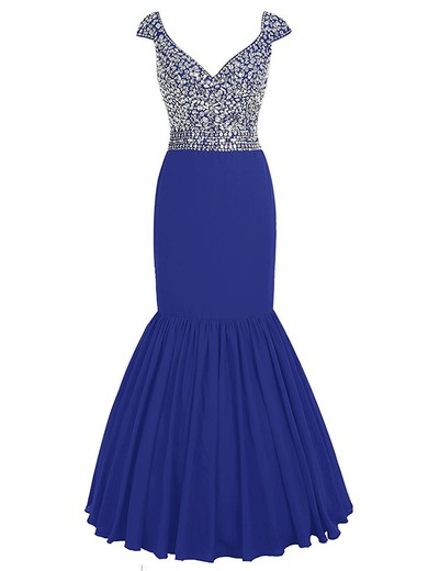 Elegant V-neck Royal Blue Chiffon with Beading Floor-length Trumpet/Mermaid Prom Dresses #JCD020102809