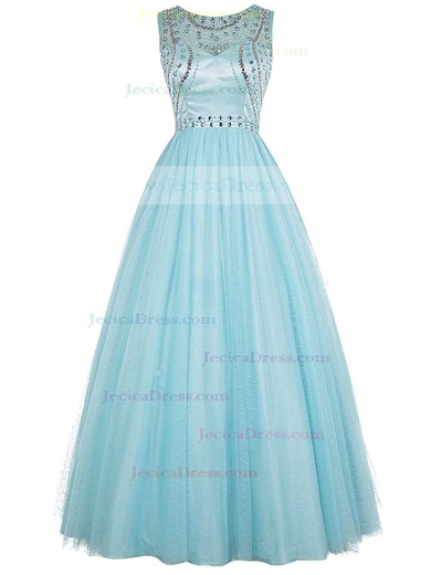 Open Back A-line Scoop Neck Tulle with Beading Floor-length Modest Prom Dresses #JCD020102810