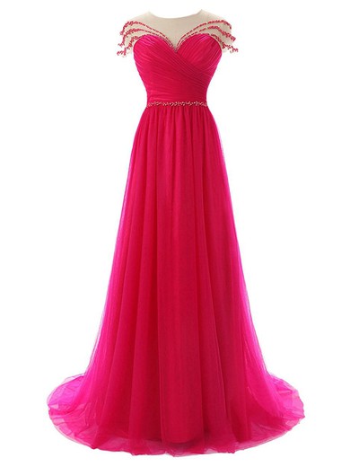 Graceful A-line Scoop Neck Tulle with Beading Cap Straps Sweep Train Prom Dresses #JCD020102812