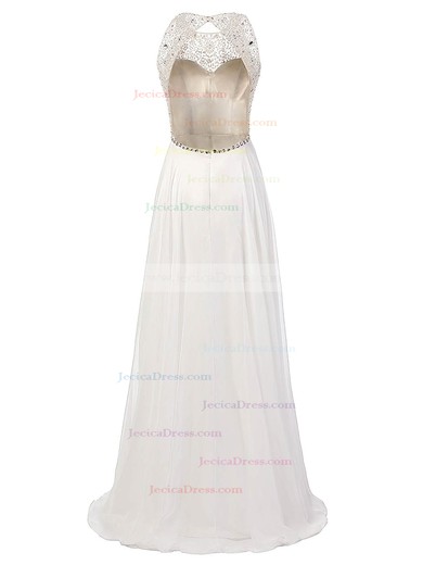 Open Back A-line Scoop Neck White Chiffon Tulle Beading Floor-length Sexy Prom Dresses #JCD020102813