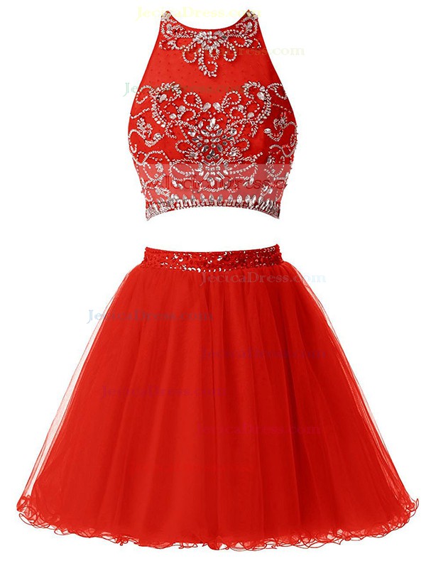 Two Piece Short/Mini A-line Scoop Neck Tulle with Beading Prettiest Prom Dresses #JCD020102816