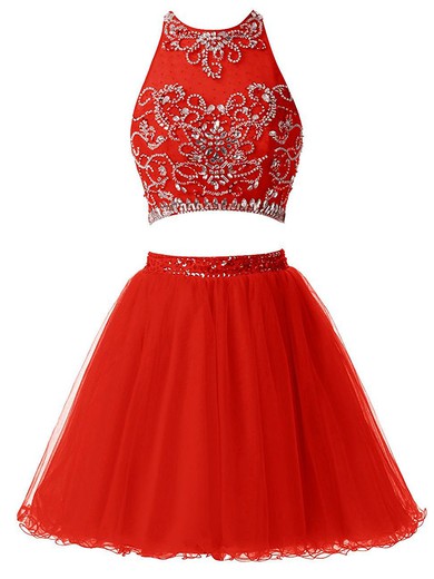 Two Piece Short/Mini A-line Scoop Neck Tulle with Beading Prettiest Prom Dresses #JCD020102816