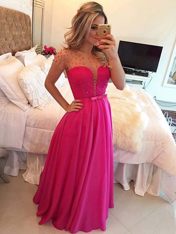 A-line Scoop Neck Chiffon Tulle Pearl Detailing Floor-length Short Sleeve Modern Prom Dresses #JCD020102817