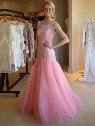 Trumpet/Mermaid Scoop Neck Tulle Sequined Beading Sweep Train Backless Trendy Prom Dresses #JCD020102819