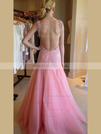 Trumpet/Mermaid Scoop Neck Tulle Sequined Beading Sweep Train Backless Trendy Prom Dresses #JCD020102819