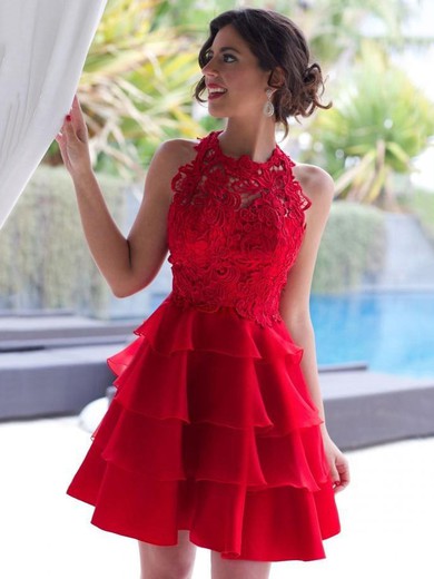 New A-line Scoop Neck Red Tiered Lace Chiffon Short/Mini Prom Dresses #JCD020102822