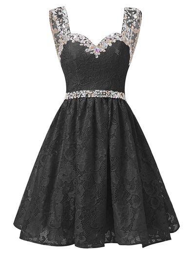 Short/Mini A-line Sweetheart Lace Tulle with Beading Newest Black Prom Dresses #JCD020102823