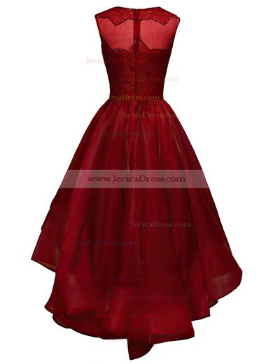 Asymmetrical A-line Scoop Neck Burgundy Organza Lace with Sequins New Style Prom Dresses #JCD020102825