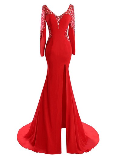 New Arrival V-neck Red Tulle Silk-like Satin Beading Sweep Train Long Sleeve Trumpet/Mermaid Prom Dresses #JCD020102826