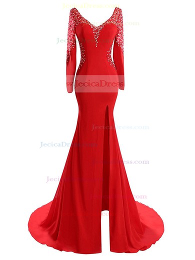 New Arrival V-neck Red Tulle Silk-like Satin Beading Sweep Train Long Sleeve Trumpet/Mermaid Prom Dresses #JCD020102826