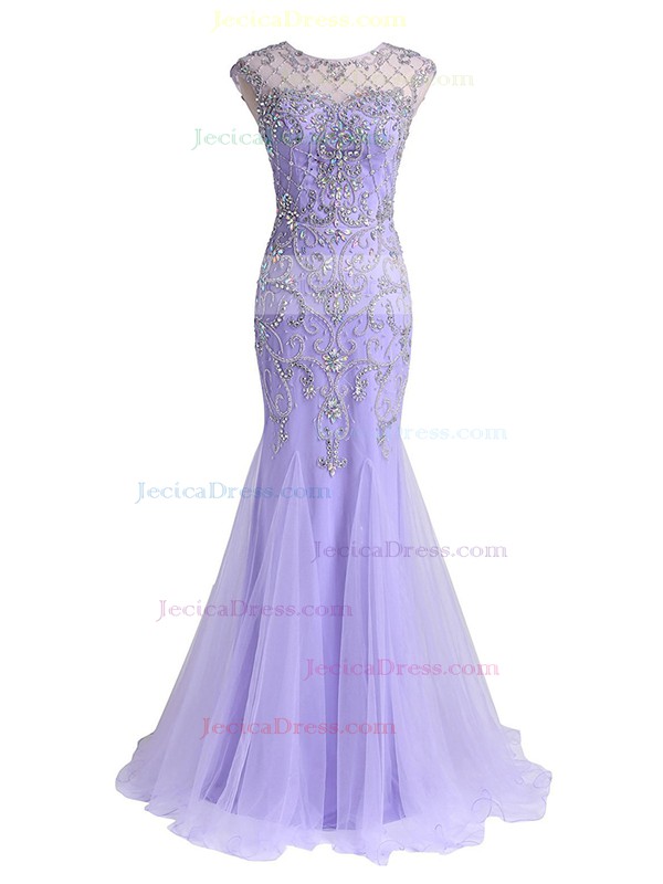 Stunning Trumpet/Mermaid Scoop Neck Tulle with Beading Sweep Train Prom Dresses #JCD020102827