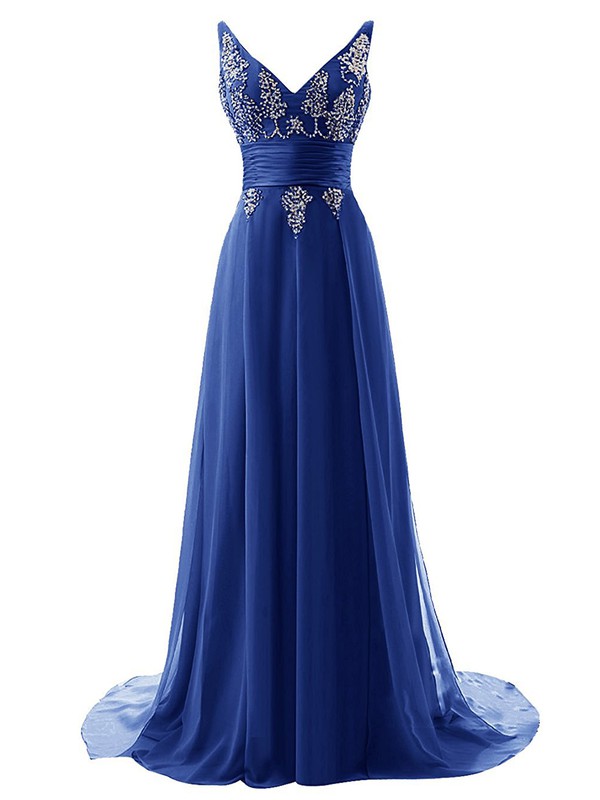 V-neck A-line Chiffon Sashes / Ribbons Sweep Train Online Backless Prom Dresses #JCD020102829