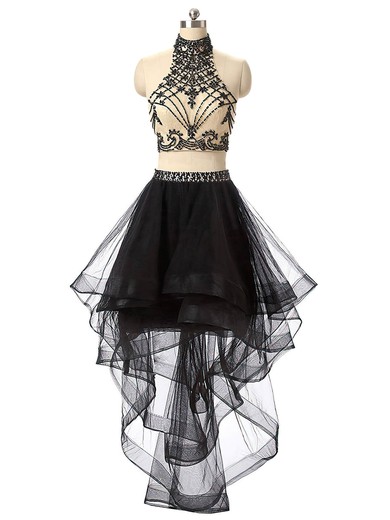 Different Asymmetrical A-line High Neck Black Lace Tulle Beading Open Back Two Piece Prom Dresses #JCD020102831