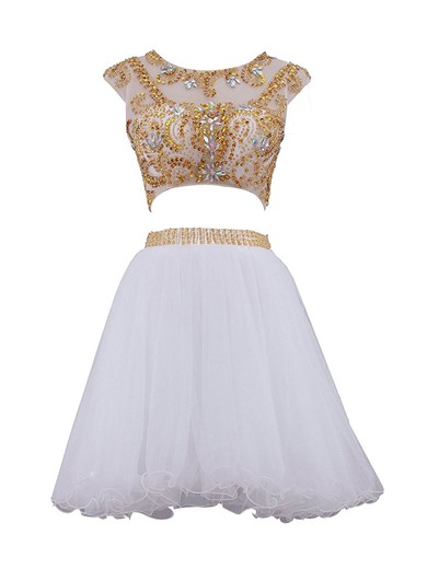 Short/Mini A-line Scoop Neck White Tulle Beading Two Piece Open Back Sweet Prom Dresses #JCD020102832