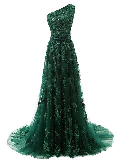 One Shoulder A-line Tulle Appliques Lace Court Train Vintage Prom Dresses #JCD020102835