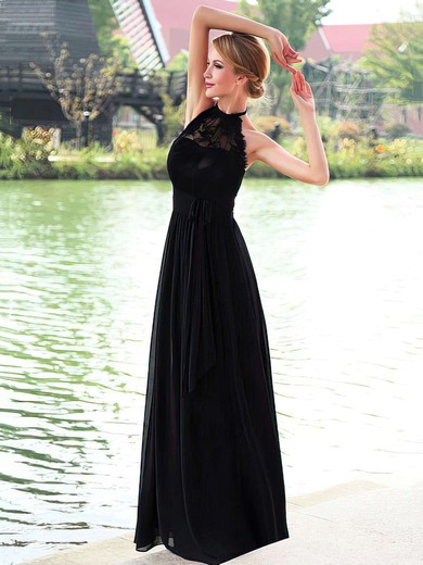 Backless A-line Halter Black Chiffon with Lace Floor-length Nice Prom Dresses #JCD020102836
