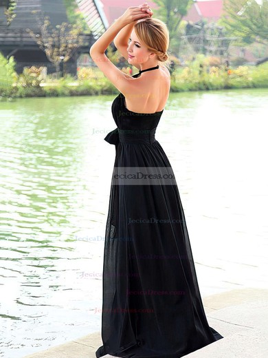 Backless A-line Halter Black Chiffon with Lace Floor-length Nice Prom Dresses #JCD020102836
