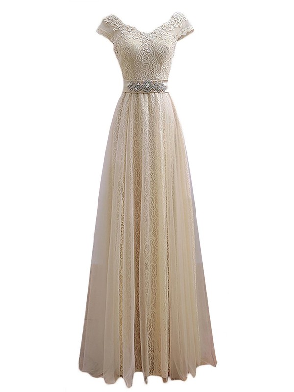 Original A-line V-neck Cap Straps Lace Tulle with Appliques Lace Floor-length Prom Dresses #JCD020102837