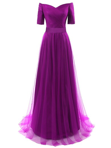 A-line Tulle Sashes / Ribbons Sweep Train Off-the-shoulder Custom 1/2 Sleeve Prom Dresses #JCD020102838