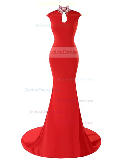 Trumpet/Mermaid Red Tulle Silk-like Satin Beading Sweep Train Exclusive High Neck Prom Dresses #JCD020102840
