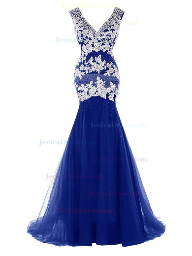 Elegant V-neck Royal Blue Tulle Appliques Lace Sweep Train Trumpet/Mermaid Prom Dresses #JCD020102841