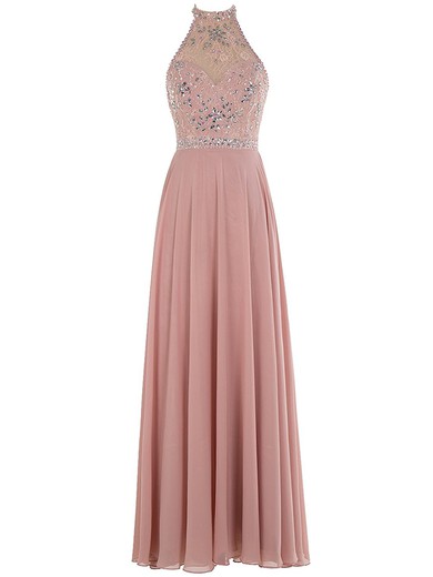 Halter A-line Lace Chiffon Beading Floor-length Backless Cheap Prom Dresses #JCD020102844