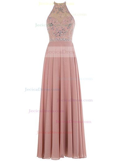 Halter A-line Lace Chiffon Beading Floor-length Backless Cheap Prom Dresses #JCD020102844