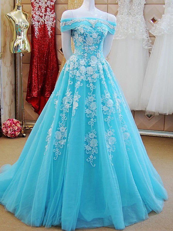 Boutique Princess Tulle with Appliques Lace Court Train Off-the-shoulder Prom Dresses #JCD020102847