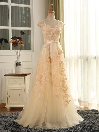 Inexpensive A-line Tulle with Appliques Lace Floor-length Cap Straps V-neck Prom Dresses #JCD020102848