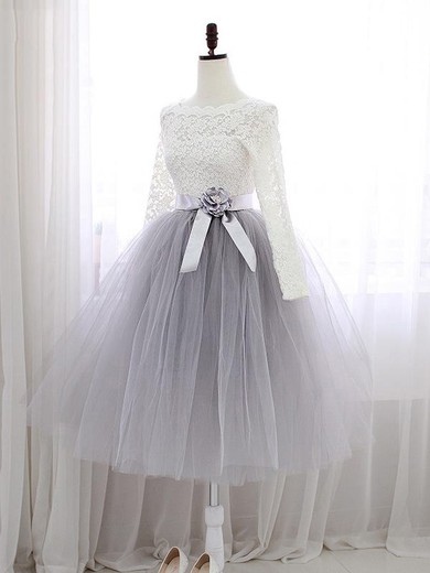 A-line Scalloped Neck Lace Tulle Sashes / Ribbons Long Sleeve Knee-length Promotion Prom Dresses #JCD020102849