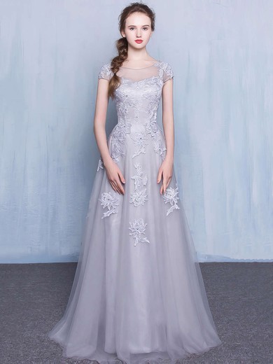 Beautiful A-line Floor-length Scoop Neck Tulle Appliques Lace Short Sleeve Prom Dresses #JCD020102851