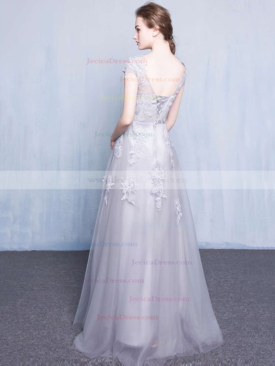 Beautiful A-line Floor-length Scoop Neck Tulle Appliques Lace Short Sleeve Prom Dresses #JCD020102851