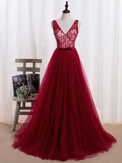 Modest Princess Burgundy Tulle Sashes / Ribbons Sweep Train V-neck Backless Prom Dresses #JCD020102852