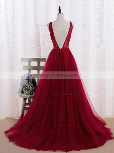Modest Princess Burgundy Tulle Sashes / Ribbons Sweep Train V-neck Backless Prom Dresses #JCD020102852