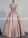 V-neck Princess Satin Tulle with Beading Floor-length Long Sleeve Custom Prom Dresses #JCD020102853