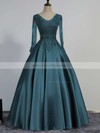 V-neck Princess Satin Tulle with Beading Floor-length Long Sleeve Custom Prom Dresses #JCD020102853