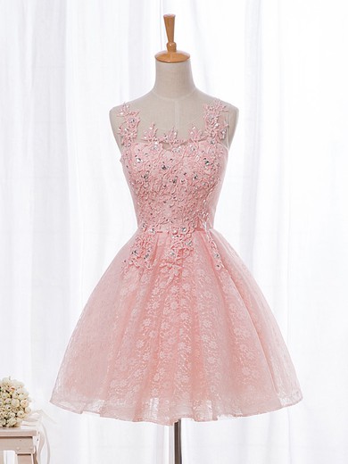 Sweet A-line Scoop Neck Lace Tulle with Beading Short/Mini Prom Dresses #JCD020102854