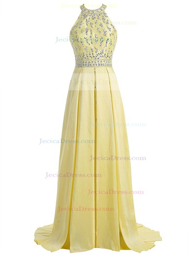 Discounted A-line Scoop Neck Taffeta with Beading Sweep Train Open Back Prom Dresses #JCD020102855