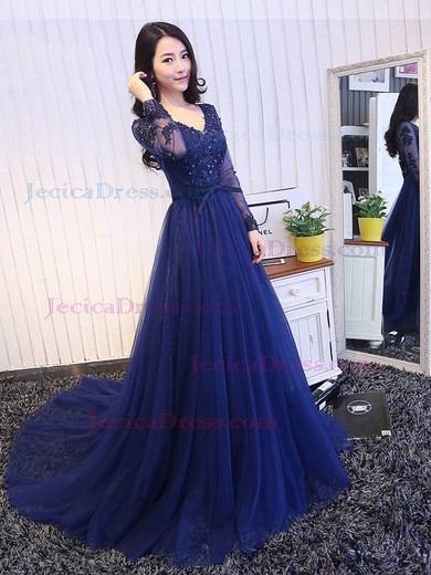V-neck A-line Tulle Appliques Lace Court Train Long Sleeve Glamorous Prom Dresses #JCD020102856