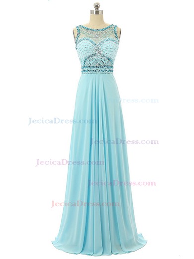 A-line Scoop Neck Chiffon with Beading Floor-length Elegant Long Prom Dresses #JCD020102857