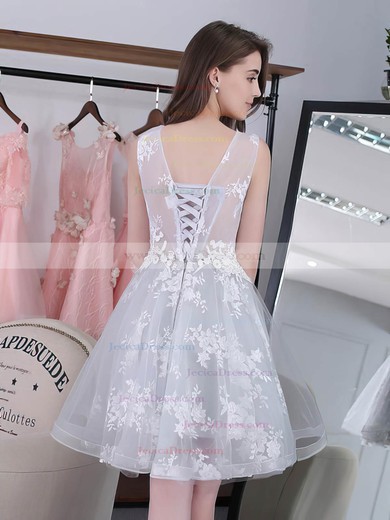 Different A-line Scoop Neck Tulle with Appliques Lace Knee-length Prom Dresses #JCD020102858