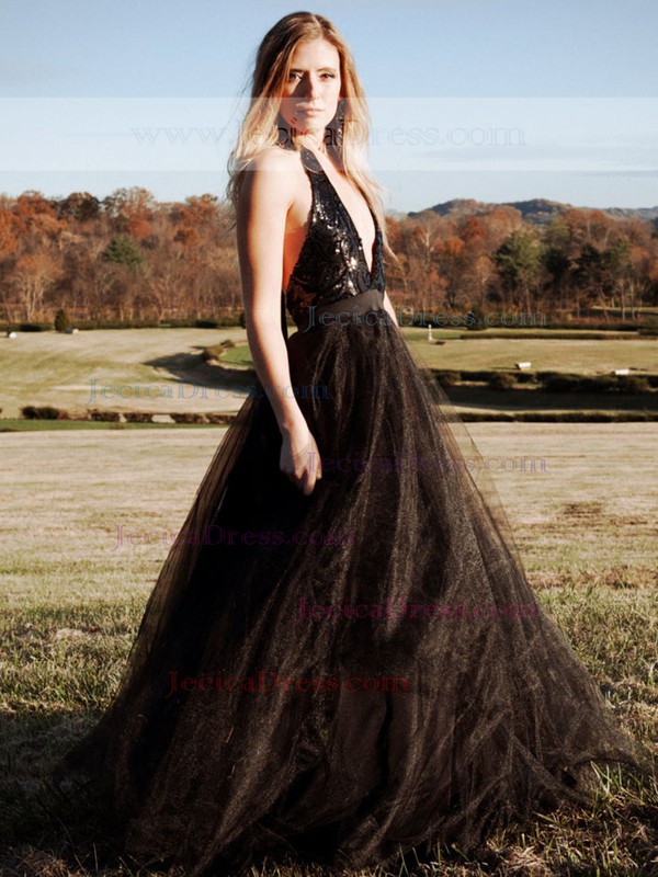 Halter A-line Black Tulle Sequined Ruffles Sweep Train Unusual Backless Prom Dresses #JCD020102859