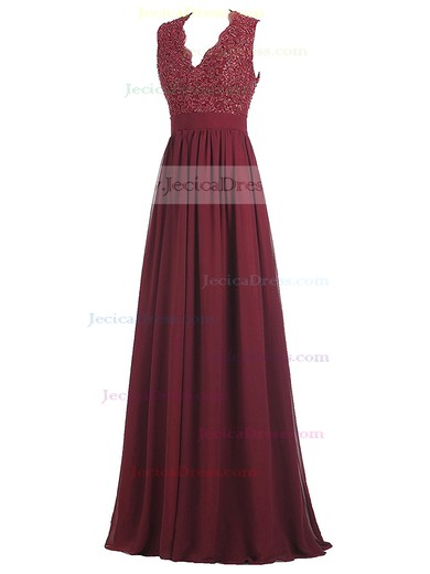 V-neck A-line Chiffon Appliques Lace Floor-length Open Back Wholesale Prom Dresses #JCD020102861