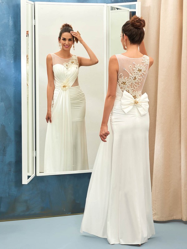 Scoop Neck Sheath/Column White Tulle Silk-like Satin Pearl Detailing Floor-length Latest Prom Dresses #JCD020102864