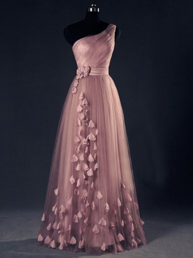 Original A-line Tulle with Flower(s) Floor-length One Shoulder Prom Dresses #JCD020102868