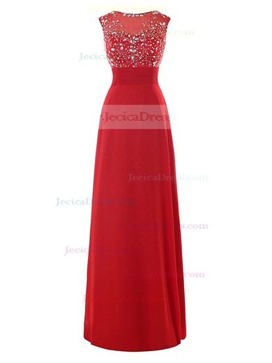 A-line Scoop Neck Chiffon Tulle with Beading Floor-length Modest Red Prom Dresses #JCD020102869
