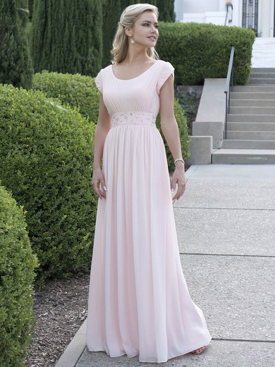 Graceful Scoop Neck Empire Chiffon with Beading Floor-length Short Sleeve Prom Dresses #JCD020102870